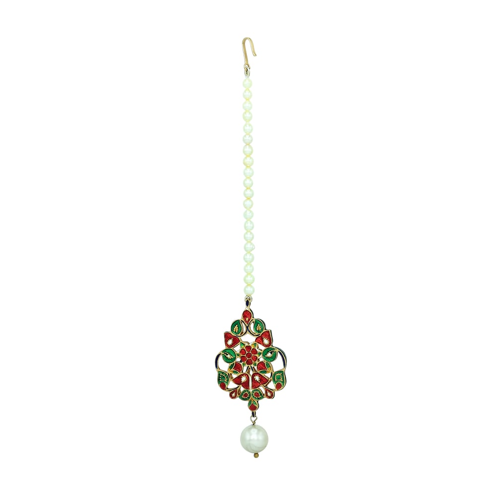 Multi Hue Maang Tikka with Polkis and Pearl Drop